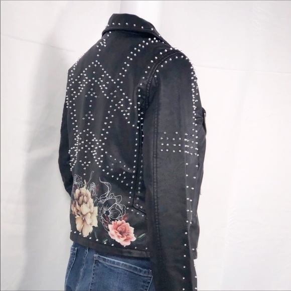 Blank NYC Black Stud Floral Vegan Leather Moto SzS - Picture 11 of 15